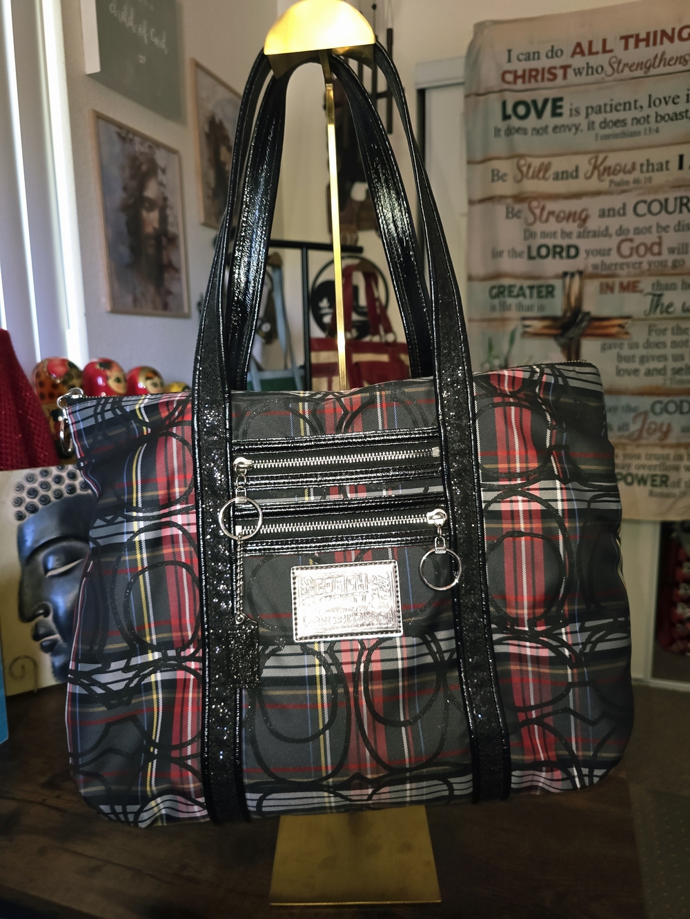 Coach Poppy Tartan Glitter Plaid Glam Tote